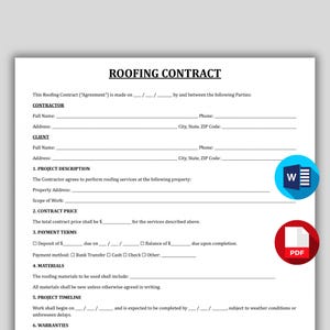 Roofing Contract Template, Professional Service Agreement, Editable Contractor Contract, Printable Roofer Agreement, Quote & Estimate Form