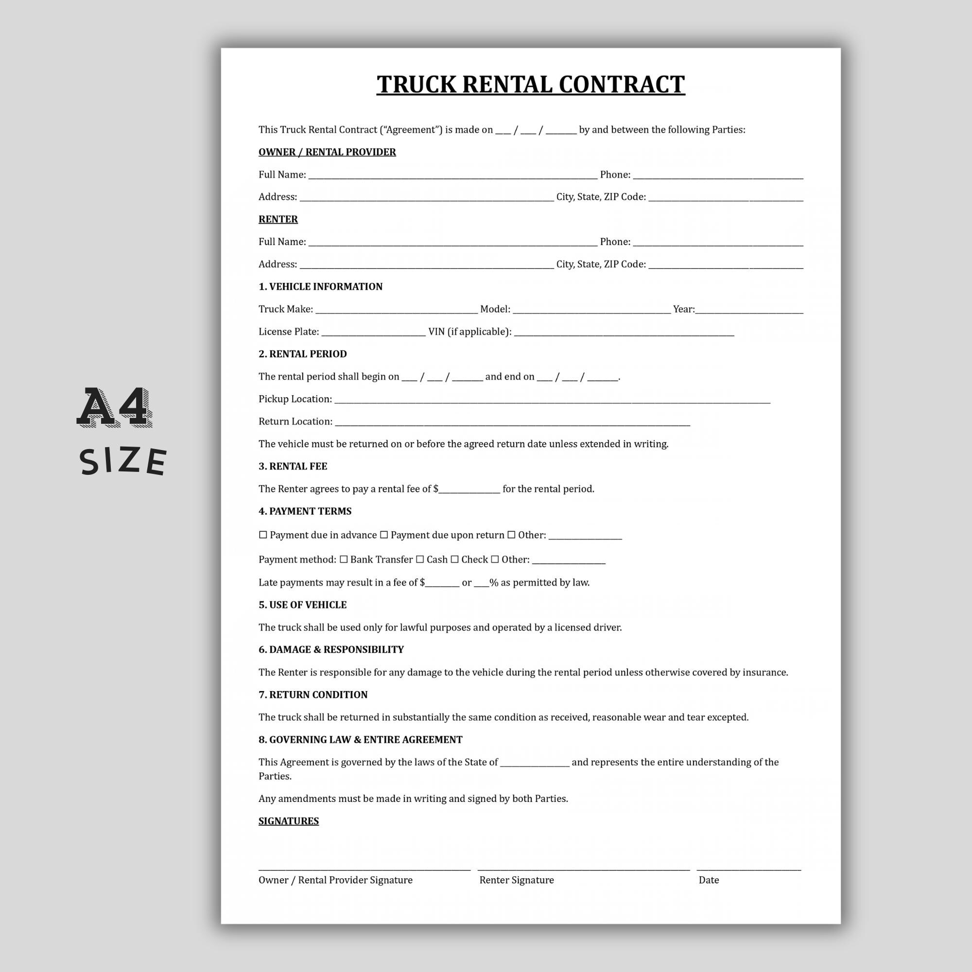 Truck Rental Contract Template, Editable Commercial Vehicle Lease ...
