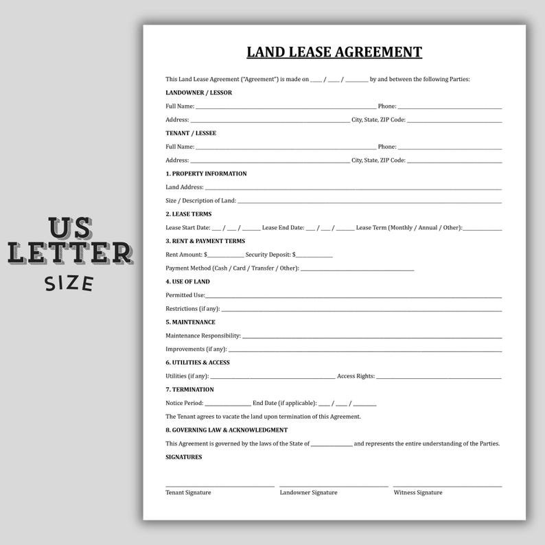 Printable Land Lease Agreement Template, Vacant Land Rental Contract ...