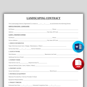 May include: A landscaping contract template with fields for service provider and client information, service details, payment terms, and project timeline. Includes a blue 'W' icon and a red 'PDF' icon.