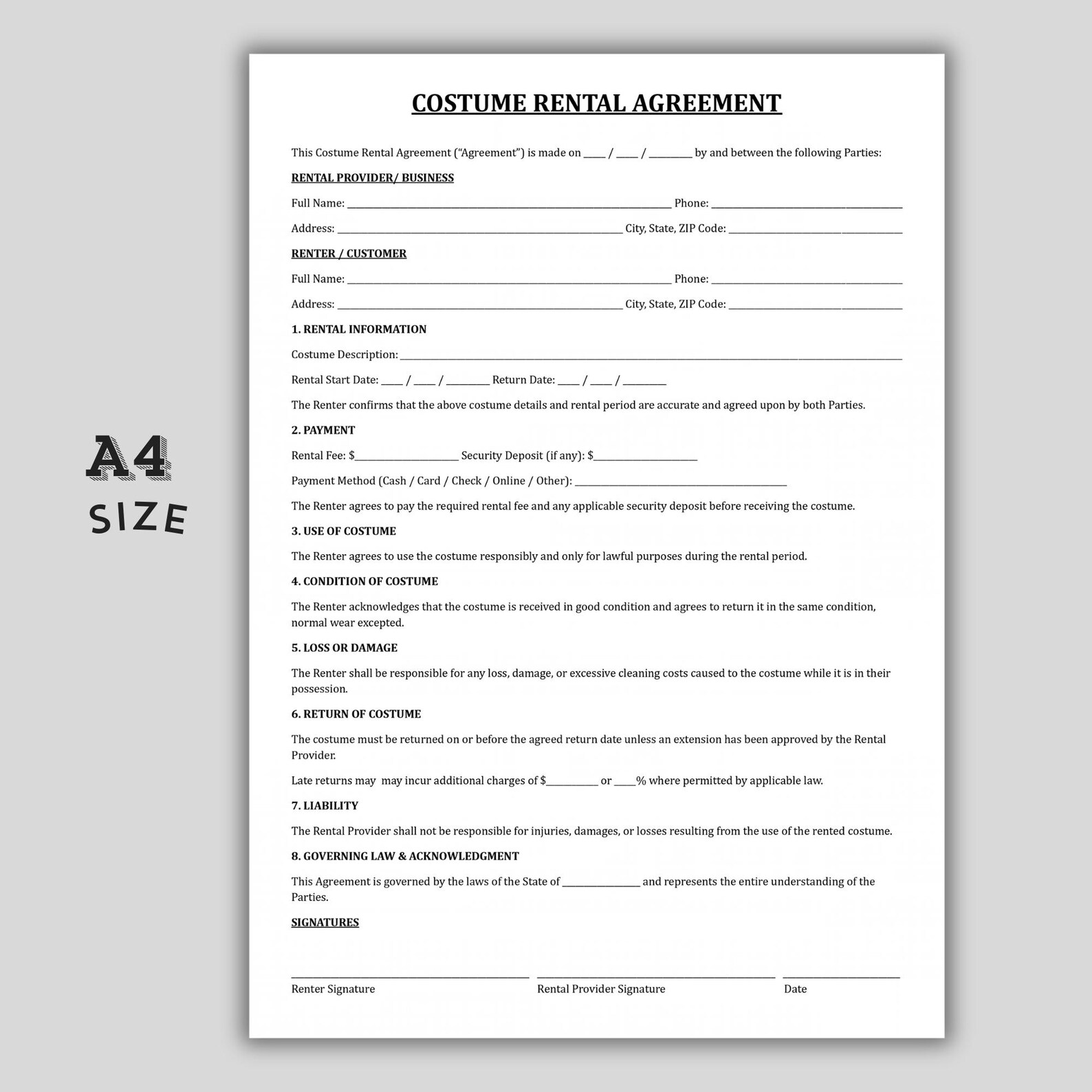 Costume Rental Agreement Template, Theater & Cosplay Rental Form ...