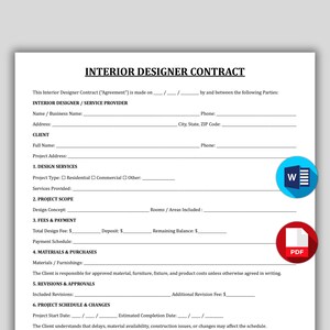 May include: A black and white printed Interior Designer Contract document featuring sections for service provider and client details, design services, project scope, fees, payment, materials, revisions, and project schedule with blank lines.