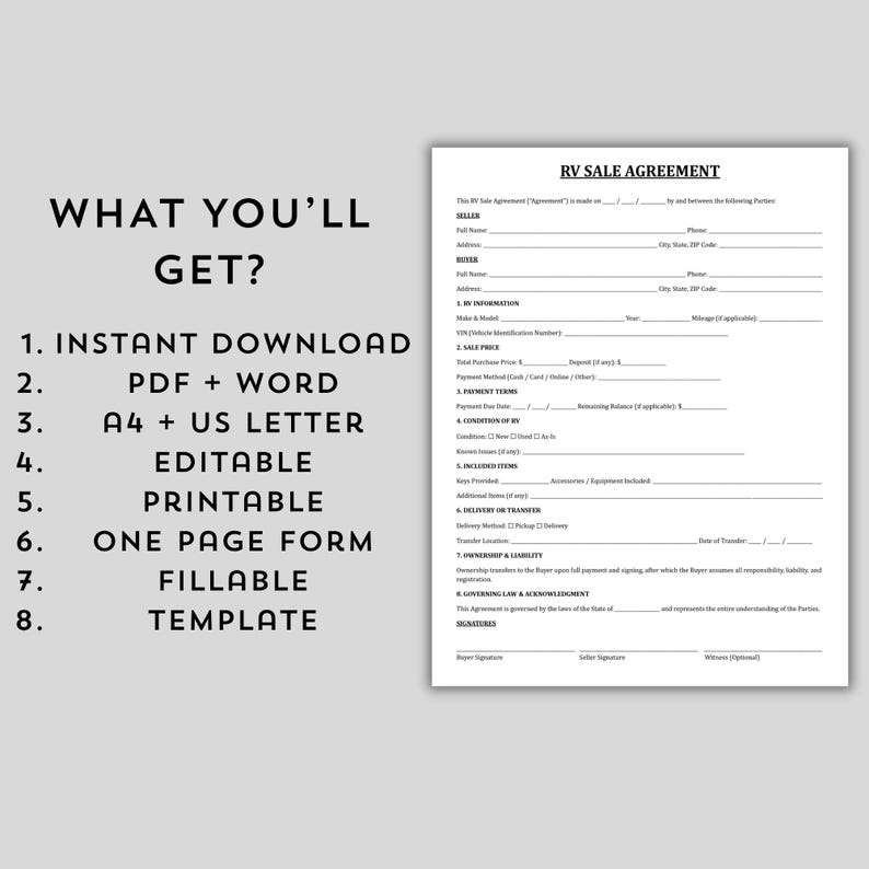 RV Sale Agreement Template, Professional RV Sale Contract, Printable ...