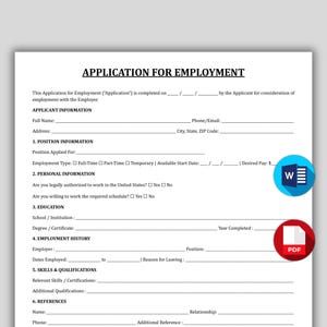 Puede incluir: Un documento blanco titulado APPLICATION FOR EMPLOYMENT con texto en negro, que incluye secciones para información del solicitante, puesto, detalles personales, educación, historial laboral, habilidades y referencias, con iconos de Word azul y PDF rojo.
