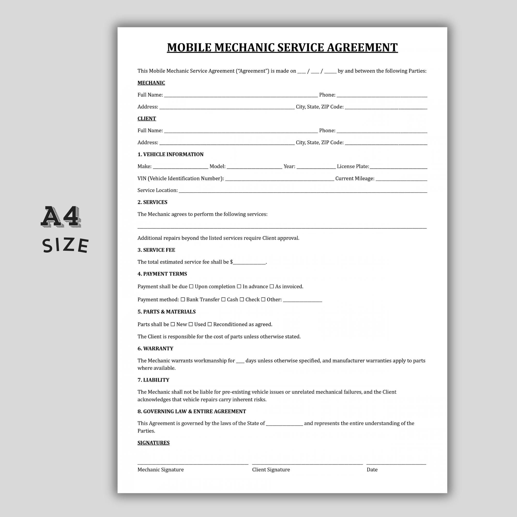 Printable Mobile Mechanic Service Agreement, Auto Repair Contract ...