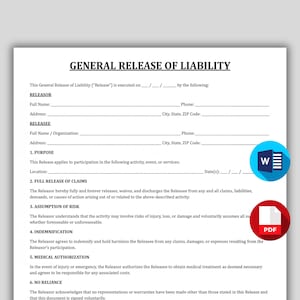 May include: A printed document titled "GENERAL RELEASE OF LIABILITY" with fillable fields for personal information. Includes a Microsoft Word icon and a PDF icon in the lower right corner. The document outlines legal terms and conditions.