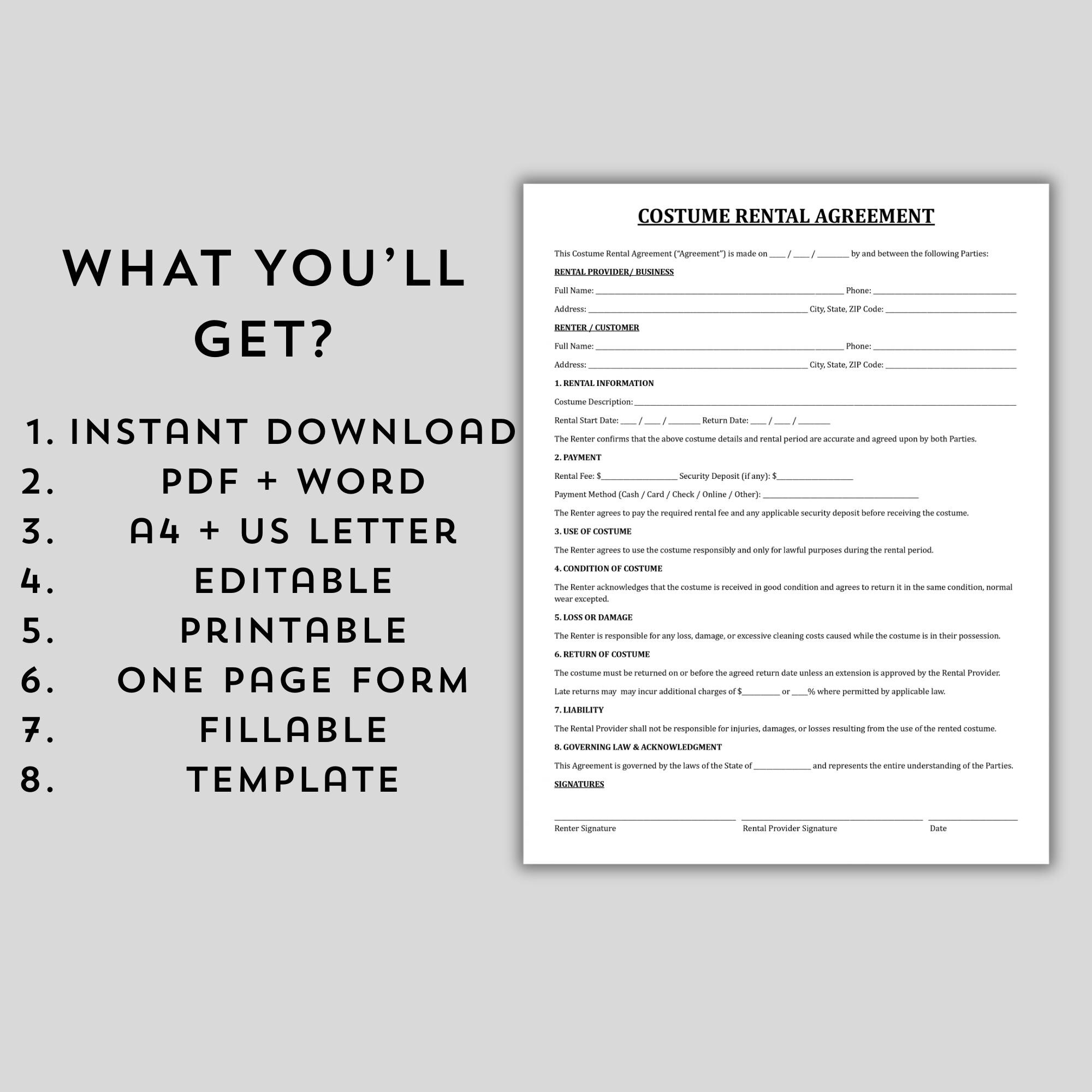 Costume Rental Agreement Template, Theater & Cosplay Rental Form ...