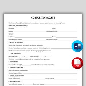 Printable Notice to Vacate Template, Tenant Move Out Notice, Landlord Termination of Lease Form, Professional 30 Day Notice to Vacate