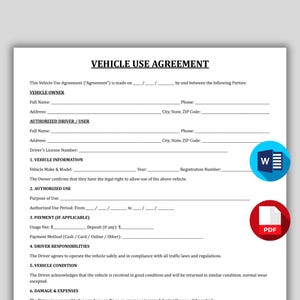 May include: A Vehicle Use Agreement document with the title "VEHICLE USE AGREEMENT". The document includes sections for vehicle owner, authorized driver, vehicle information, and payment details. A blue and white "W" logo and a red "PDF" logo are in the right corner.
