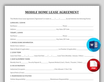 Printable Mobile Home Lease Agreement, Manufactured Home Rental Contract Template, Editable Mobile Home Rental Agreement, Short Term Rental