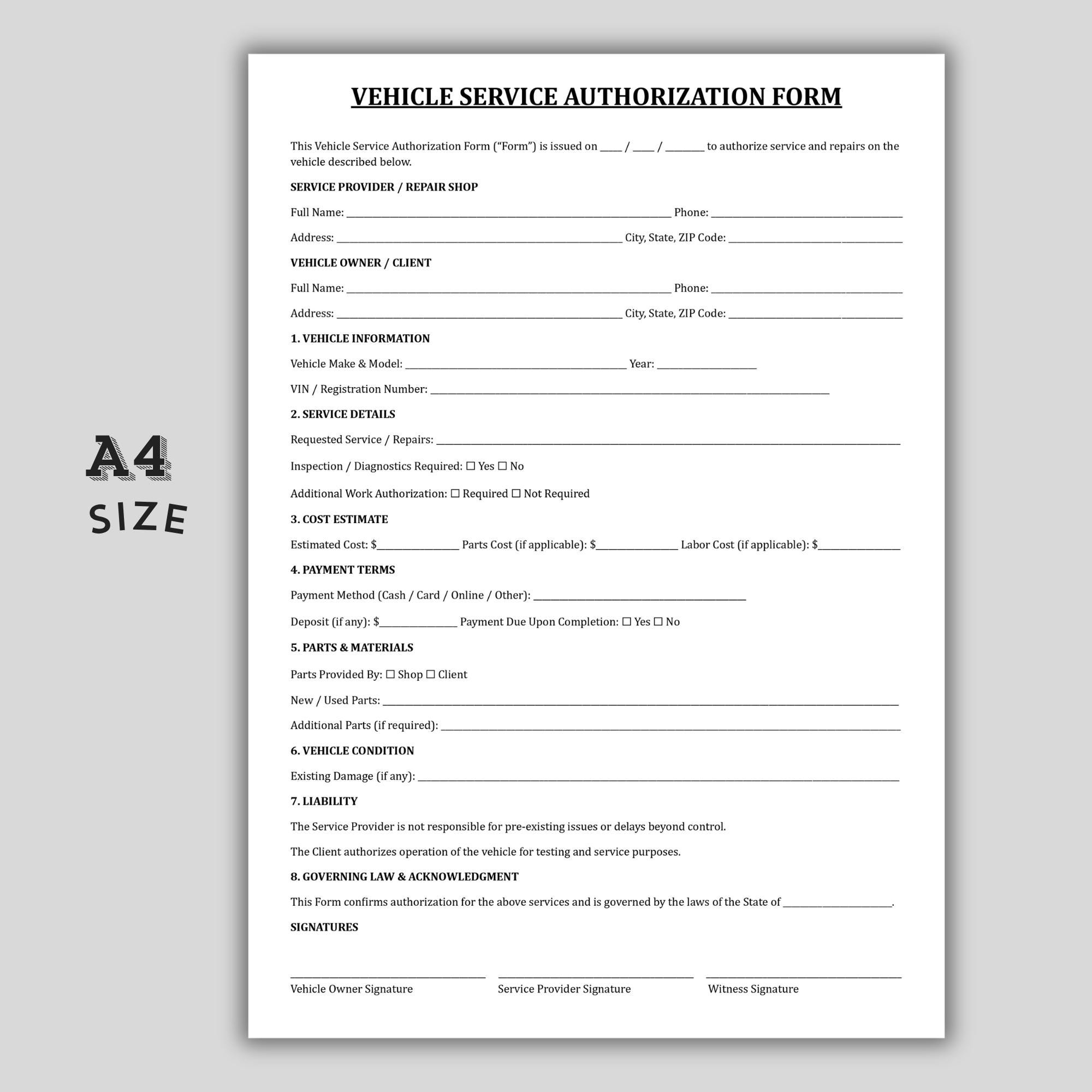 Vehicle Service Authorization Form, Editable Auto Repair Order Template ...