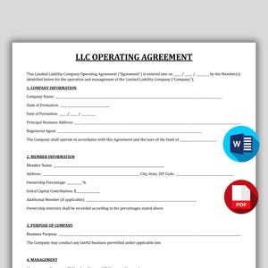 May include: A white document titled LLC OPERATING AGREEMENT with black text and blank lines for filling in company and member information. The document includes sections for company information, member details, purpose, and management, with Word and PDF icons.
