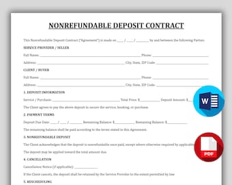 Nonrefundable Deposit Contract Template, Editable Nonrefundable Deposit Policy Agreement, Printable Booking Fee Authorization Form pdf