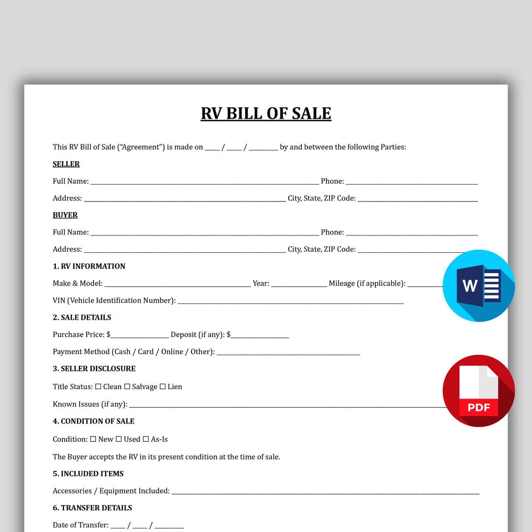 Rv Invoice Printable RV Bill of Sale Template, Camper Purchase Agreement ...