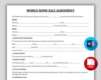 Mobile Home Sale Agreement Template, Editable Manufactured Home Bill of Sale, Mobile Home Sale Contract, Trailer Bill of Sal Fillable PDF