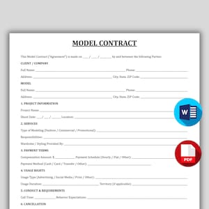 May include: A model contract document with the title "MODEL CONTRACT" at the top. The document includes sections for client/company, model, project information, services, payment terms, usage rights, conduct & requirements, and cancellation. Icons for Word and PDF are on the right.