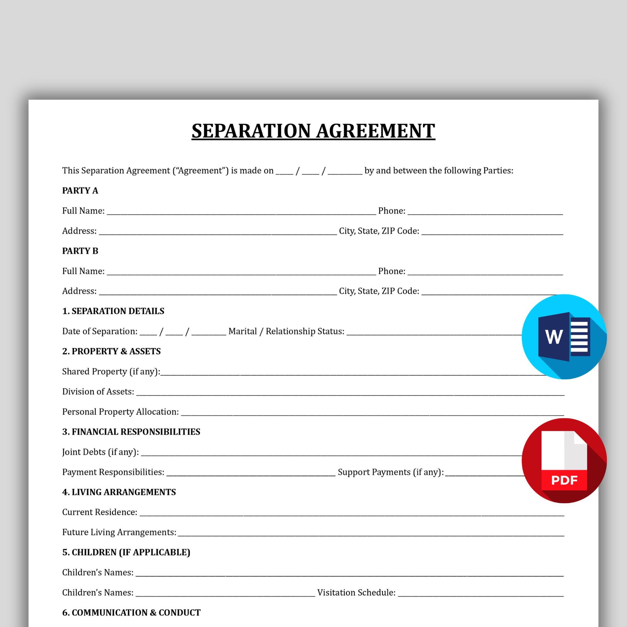 Sample For Separation Pay Separation Agreement Template, Marital Settlement Agreement, Editable ...