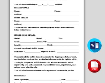 Simple Mobile Home Bill of Sale, Printable Sale Contract For Mobile Home, Ownership Transfer Agreement for Trailer Home, Property Template