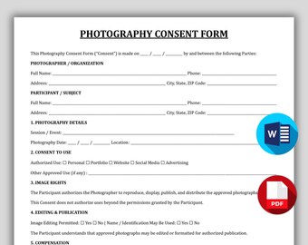 Professional Photography Consent Form Template, Event Photography Usage Permission Contract, Printable Photo Client Intake Form, Pdf & Word