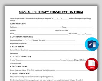 Massage Therapy Consultation Form, Massage Therapist Intake Form, Massage Consent Form Template, Printable  Spa Forms, Health History Form