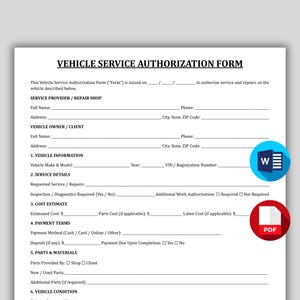 May include: A Vehicle Service Authorization Form with a white background and black text. The form includes sections for service provider, vehicle owner, service details, and cost estimate. A blue 'W' icon and a red 'PDF' icon are in the lower right corner.
