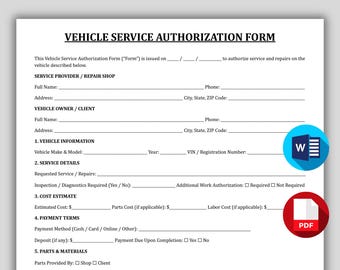 Vehicle Service Authorization Form, Editable Auto Repair Order Template, Car Repair Consent & Liability Waiver, Mechanic Work Authorization