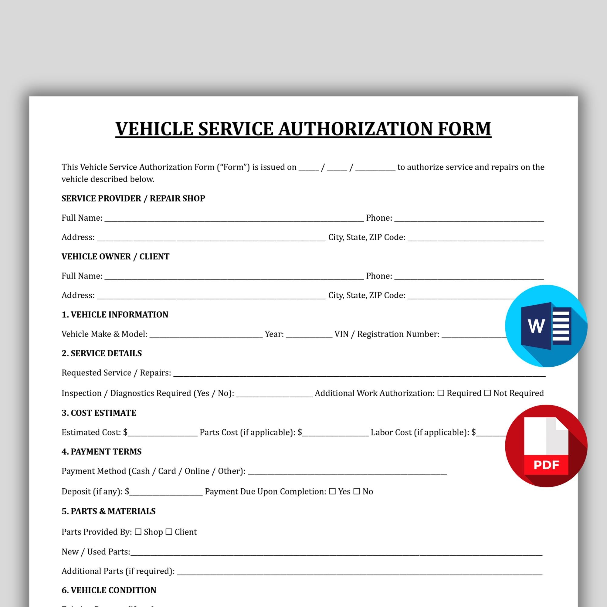 Vehicle Service Authorization Form, Editable Auto Repair Order Template ...
