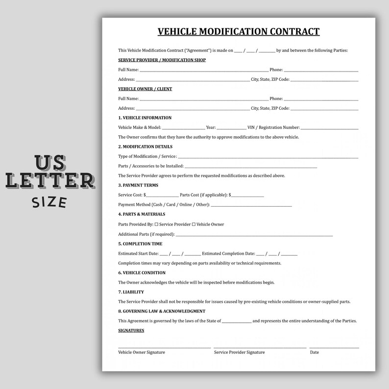 Vehicle Modification Contract Template, Custom Auto Shop Service ...