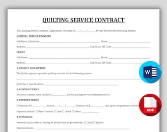 Professional Quilting Service Contract Template, Longarm Quilting Service Form, Custom Quilt Order Contract, Printable Quilt Maker Agreement
