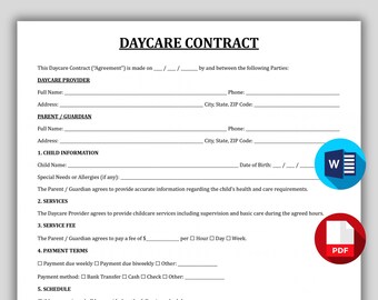 Printable Daycare Contract Template,  Editable Child Care Service Agreement, Home Daycare Provider Form, Professional Babysitting Contract