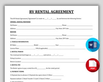 Professional RV Rental Agreement, Editable Motorhome Rental Contract, Editable Trailer Rental Form,  Motorhome Lease, Camper Van Template