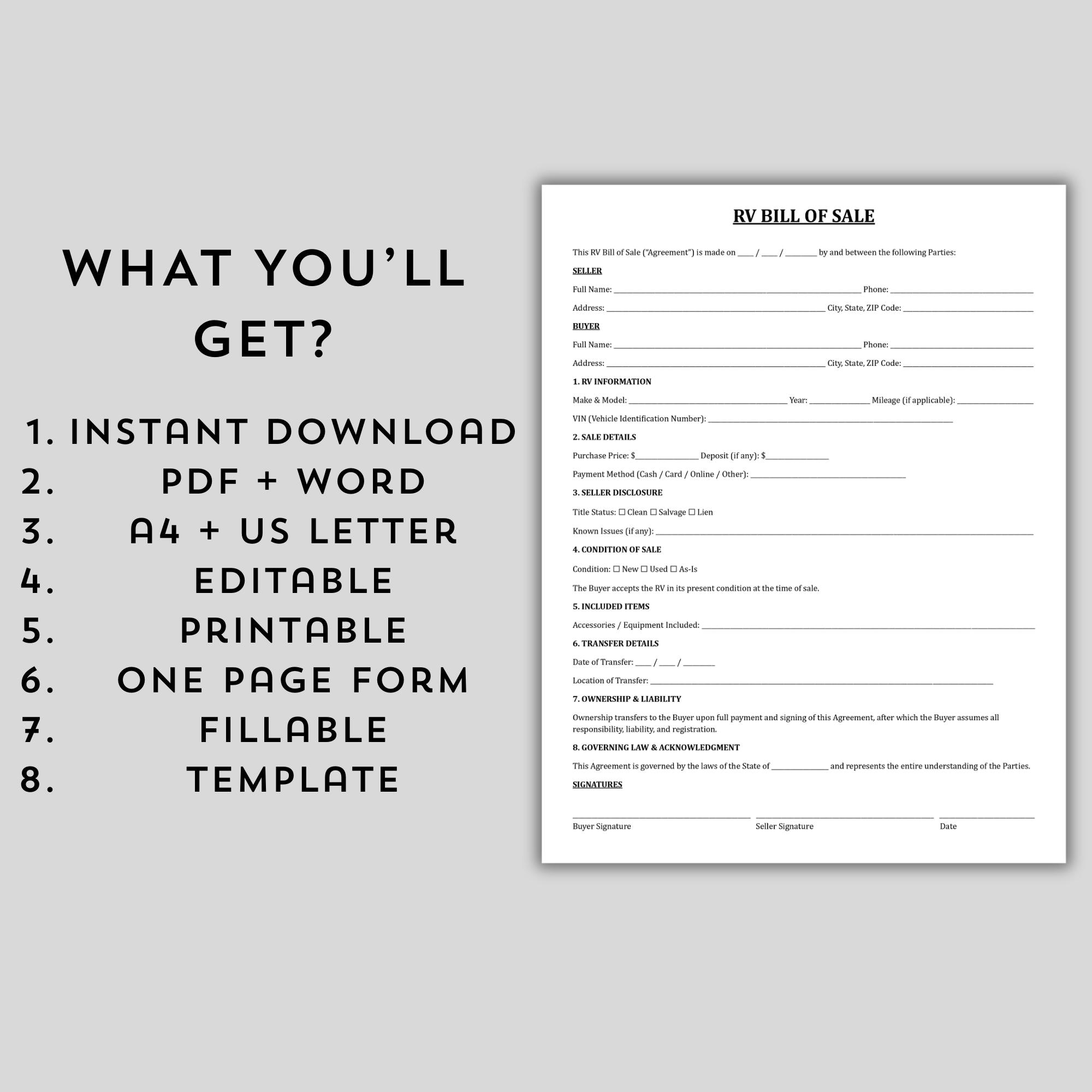 Printable Rv 4 Square Sales Template.pdf Printable RV Bill of Sale Template, Camper Purchase Agreement ...