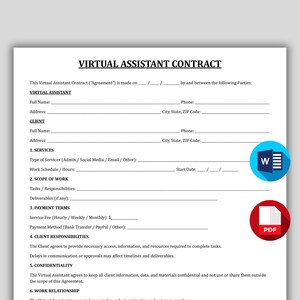 May include: A white document titled "VIRTUAL ASSISTANT CONTRACT" with fillable fields for client and virtual assistant information. Includes sections for services, work scope, payment terms, and responsibilities. Features a blue "W" icon and a red PDF icon.