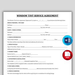 May include: A window tint service agreement form with fields for service provider, client, vehicle information, service details, payment terms, and appointment details. Includes a PDF icon and a Windows logo.