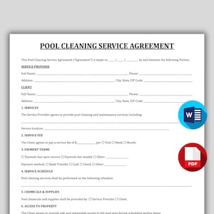May include: A Pool Cleaning Service Agreement document with the title at the top. The document includes sections for service provider and client information, service details, payment terms, and a service schedule. A blue and white 'W' logo and a red 'PDF' logo are on the right.