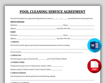 Avtal för poolrengöring, utskrivbart avtal om poolunderhåll, formulär för professionell poolrengöring, offertmall för poolservice