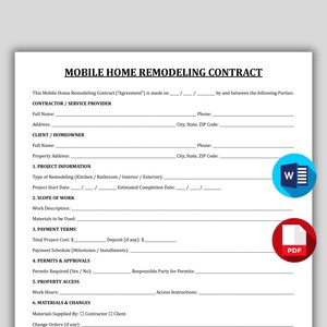 Può includere: Un modello di contratto di ristrutturazione di case mobili con campi compilabili per le informazioni sull'appaltatore e sul cliente. Include sezioni per i dettagli del progetto, i termini di pagamento, i permessi e l'accesso alla proprietà. Con un'icona 'W' blu e un'icona PDF rossa.