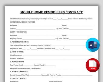 Mobile Home Remodeling Contract, Manufactured Home Renovation Agreement, Editable & Printable Trailer Home Repair Contract, Bath Remodel Doc