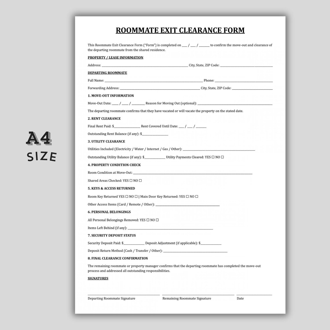 Tenant Exit Form.pdf Roommate Exit Clearance Form, Printable Move Out Checklist for ...