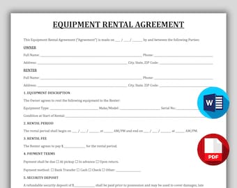 Mall för professionellt hyresavtal för utrustning, redigerbart hyresavtal för utrustning, utskrivbart hyresavtal för evenemangsutrustning i PDF- och Word-format