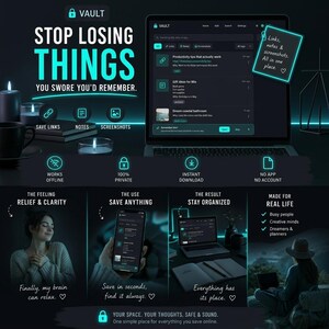 Può includere: Una grafica di marketing digitale per Vault, uno strumento software per salvare link, note e screenshot. L'immagine mostra un computer portatile con l'interfaccia, icone per l'uso offline e la privacy, e testo che promuove l'organizzazione.