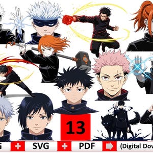 Może przedstawiać: Grafika do pobrania cyfrowego z 13 ilustracjami postaci z anime. Postacie mają różne kolory włosów i są przedstawione w pozach akcji. Obraz zawiera tekst "PNG", "SVG", "PDF" i "(Pobranie cyfrowe)" w czerwono-białym banerze.