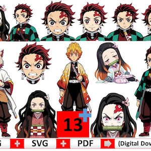 May include: Digital download graphic set featuring various anime character illustrations. The characters have distinctive hairstyles and facial expressions. The set includes the text "PNG", "SVG", "PDF", and "13+". The words "Digital Download" are also present.