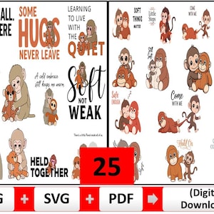Puede incluir: Un gráfico de descarga digital con varias ilustraciones de monos abrazando osos de peluche. El texto incluye frases como "Still Small, Still Here", "Some Hugs Never Leave" y "Soft Not Weak". La imagen es una colección de archivos PNG, SVG y PDF.