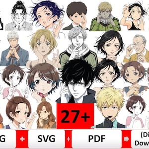 May include: A digital download graphic featuring 27+ anime-style character portraits. The portraits showcase a variety of hairstyles and expressions. The image includes the text "PNG + SVG + PDF" and "(Digital Download)".