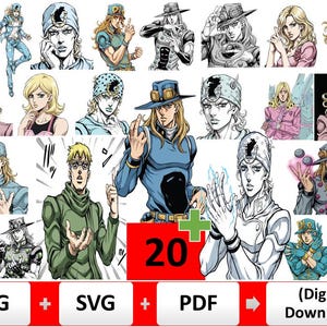 May include: A collection of 20 digital download images featuring anime-style illustrations of a character with blonde hair and various outfits. The images are in color and black and white, with the text "PNG + SVG + PDF" and "(Digital Download)" at the bottom.