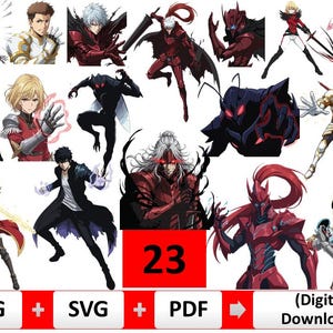 以下が含まれることがあります： 様々なアクションポーズの、アニメスタイルのキャラクターが描かれた23枚のデジタルダウンロード画像コレクション。キャラクターは赤、黒、金など様々な色で表現され、ダイナミックなエフェクトが施されています。画像には「PNG + SVG + PDF」と「（デジタルダウンロード）」の文字が含まれています。