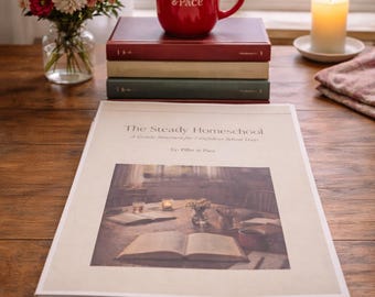 May include: A still life featuring a red mug with "Pillar & Pace" text, stacked books, a lit candle, and a book titled "The Steady Homeschool" on a wooden table. A vase of flowers is also present.