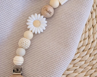 Catena per ciuccio personalizzata | Margherita | Fiore | Arcobaleno | Bianco, beige e giallo | Regalo per baby shower, nascita e battesimo