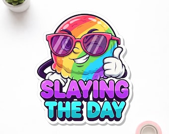 Slaying The Day Sticker -Pride Month Decal-Rainbow Aesthetic Art-Cool Sunglasses Character - Positive Vibes Gift - Trendy Water Bottle Decal